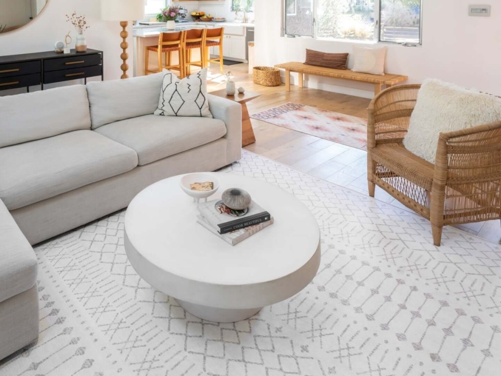 living room with white rug