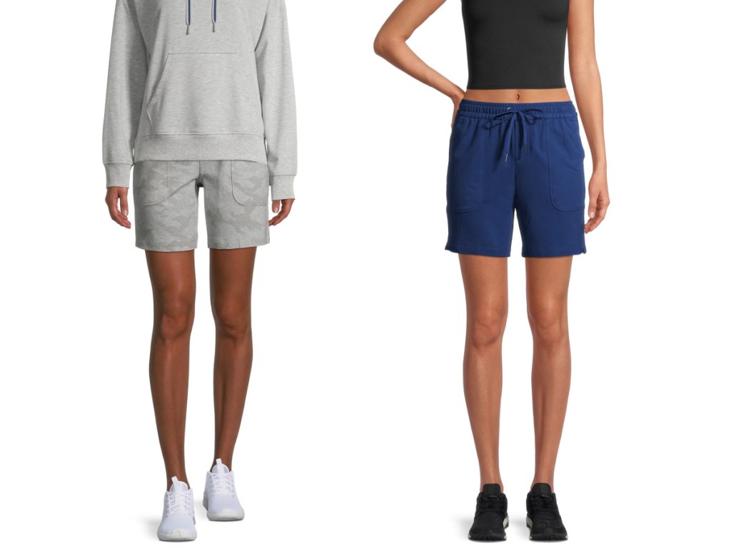 women wearing gray and navy blue shorts