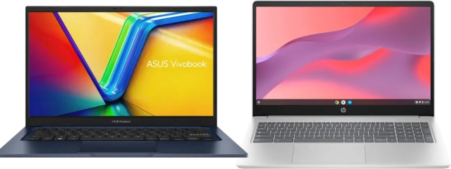 a blue Asus laptop and a silver HP Chromebook