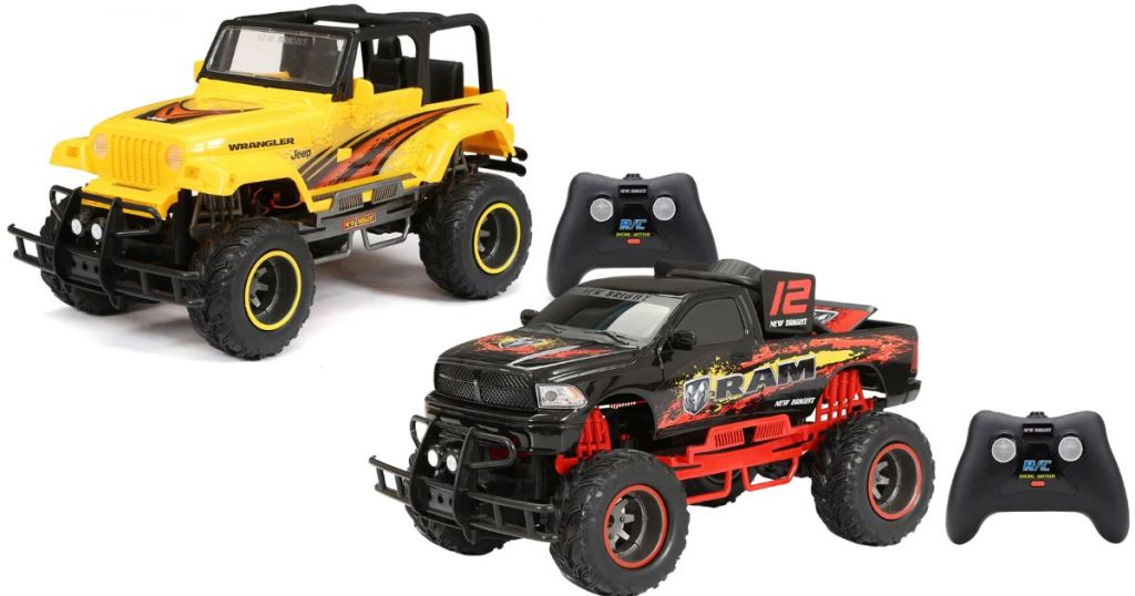 Yellow Jeep and Red and Black Dodge RAM RC cars