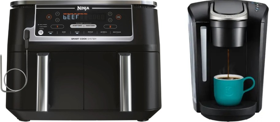 a black Ninja foodi air fryer and a black Keurig coffee maker