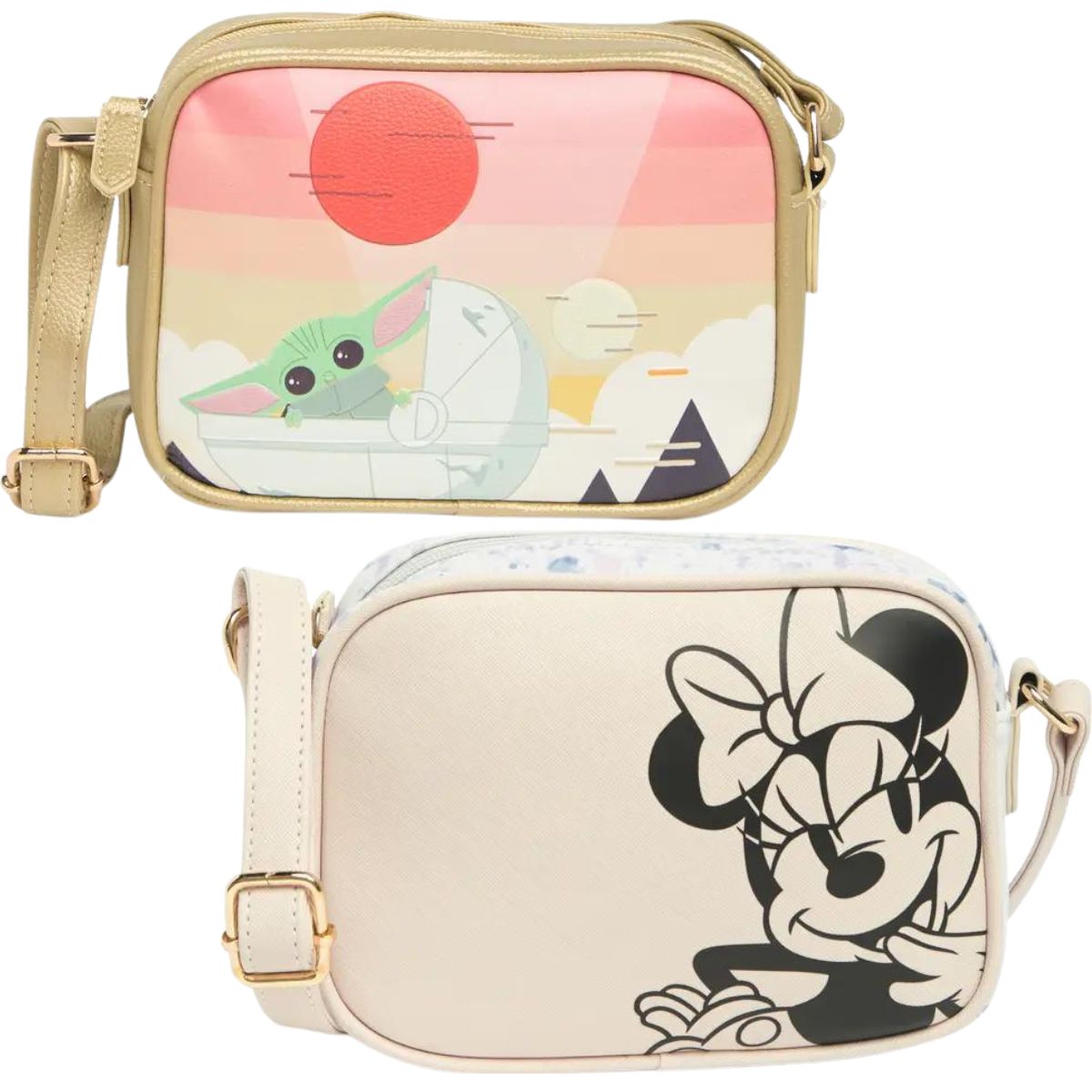 Grogu and Minnie Mouse crossbody bags