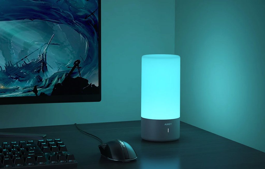 blue lamp on a desk