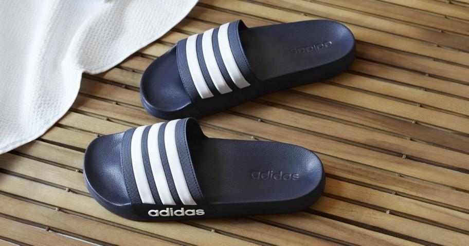 pair of navy shower slides