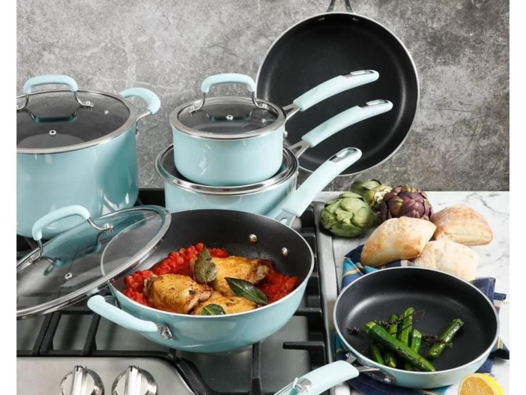 ashley homestore blue cookware set with food cooking