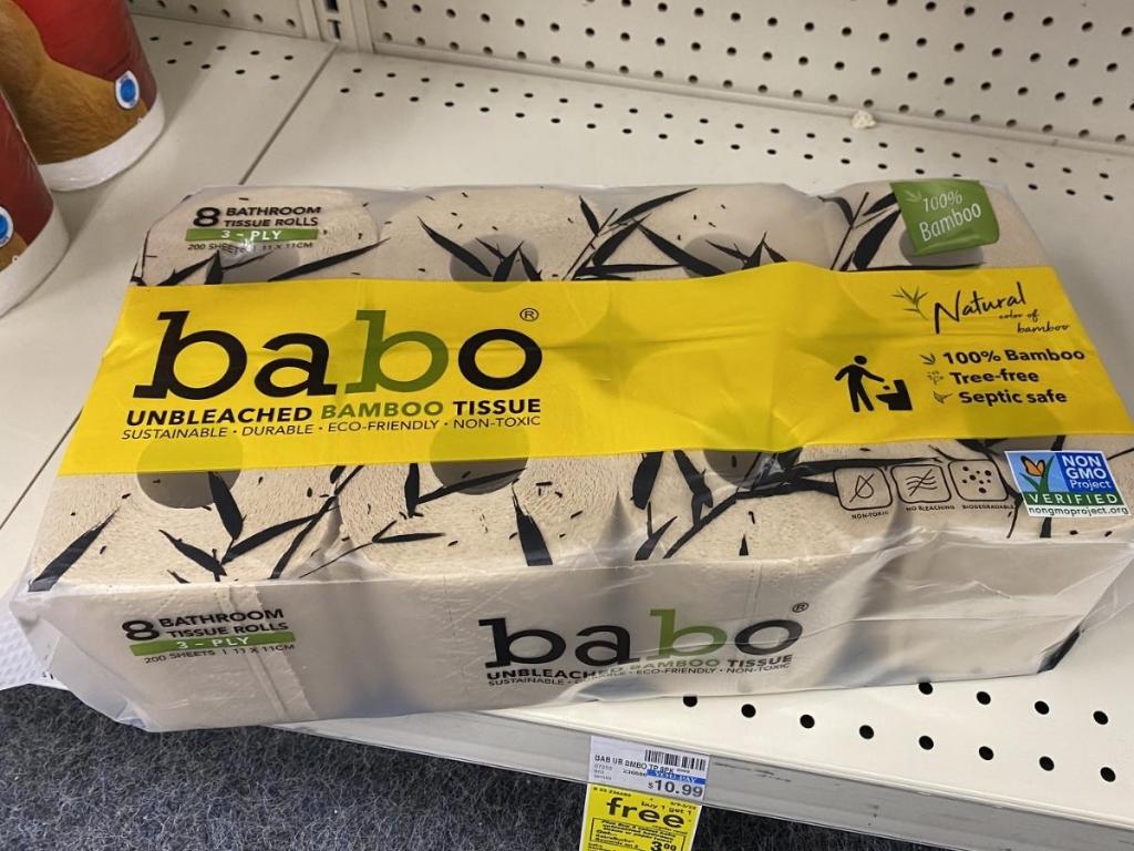 babo bamboo bath tissue 8 pack on store shelf