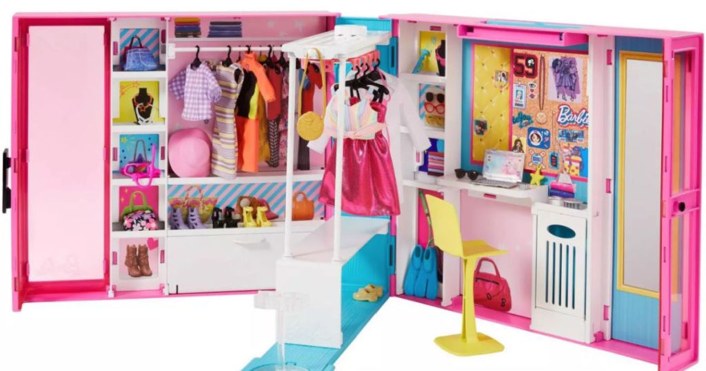 pink doll closet with clothes 