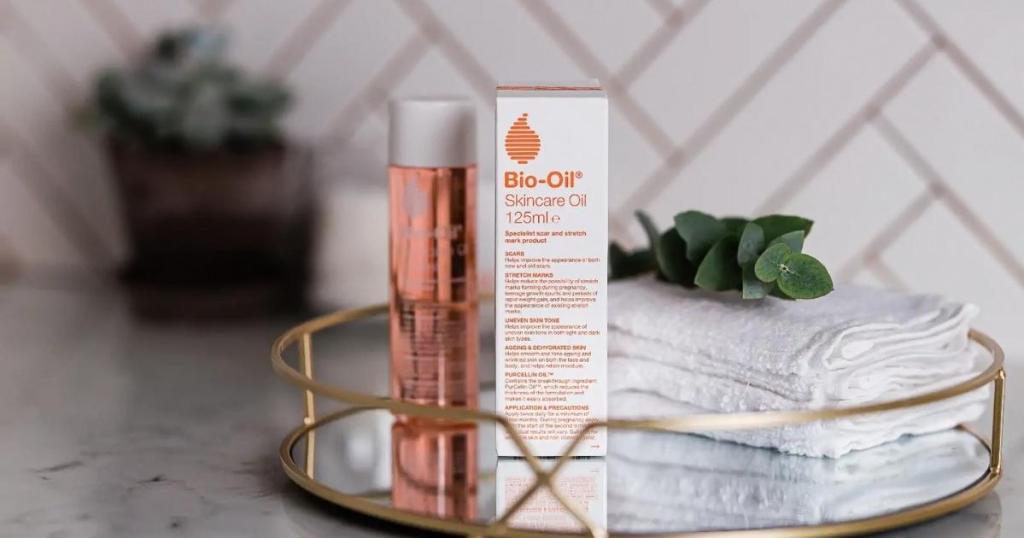 bio oil skincare oil on vanity tray with box
