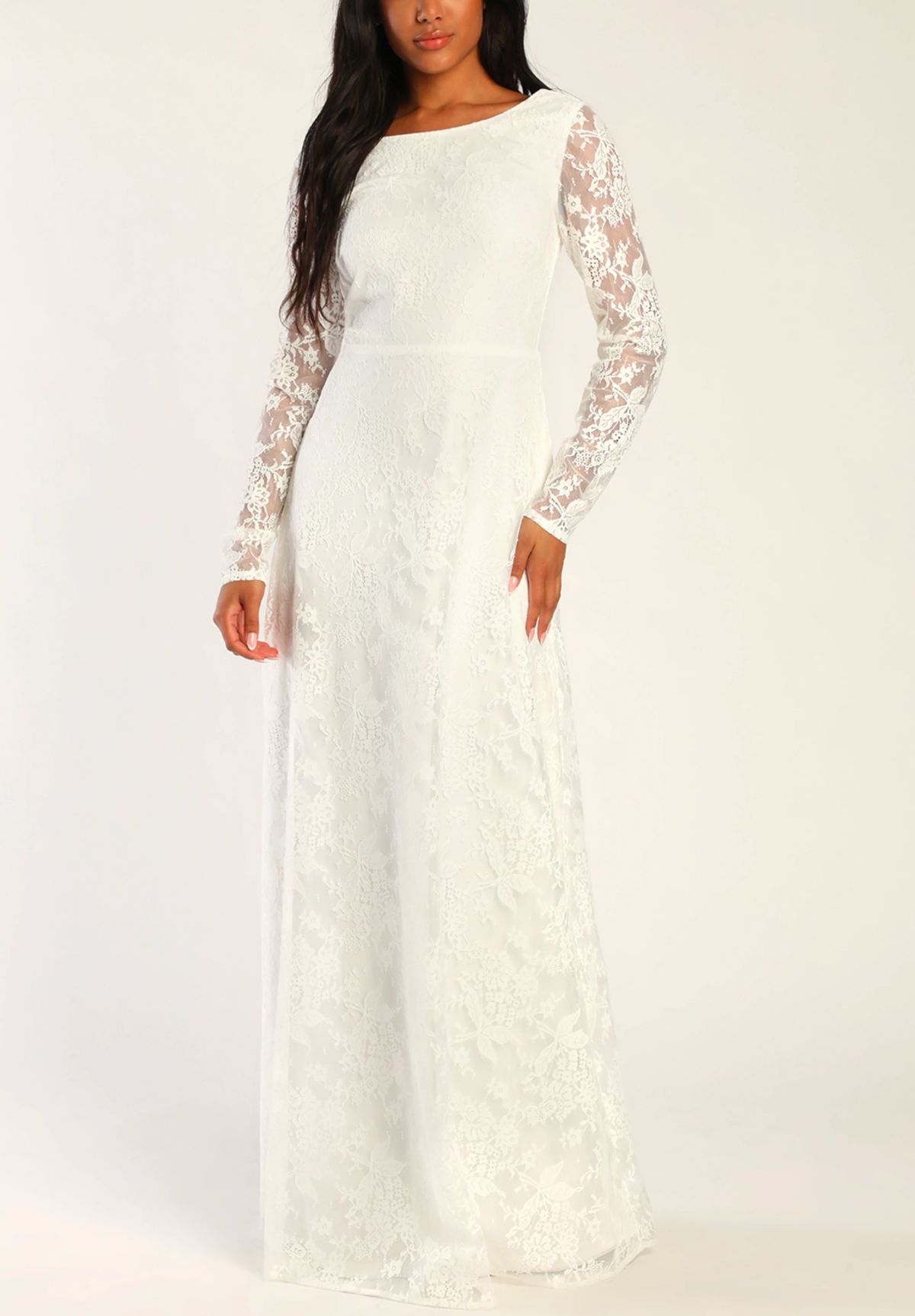 Blissful Romantic White Lace Backless Long Sleeve Maxi Dress