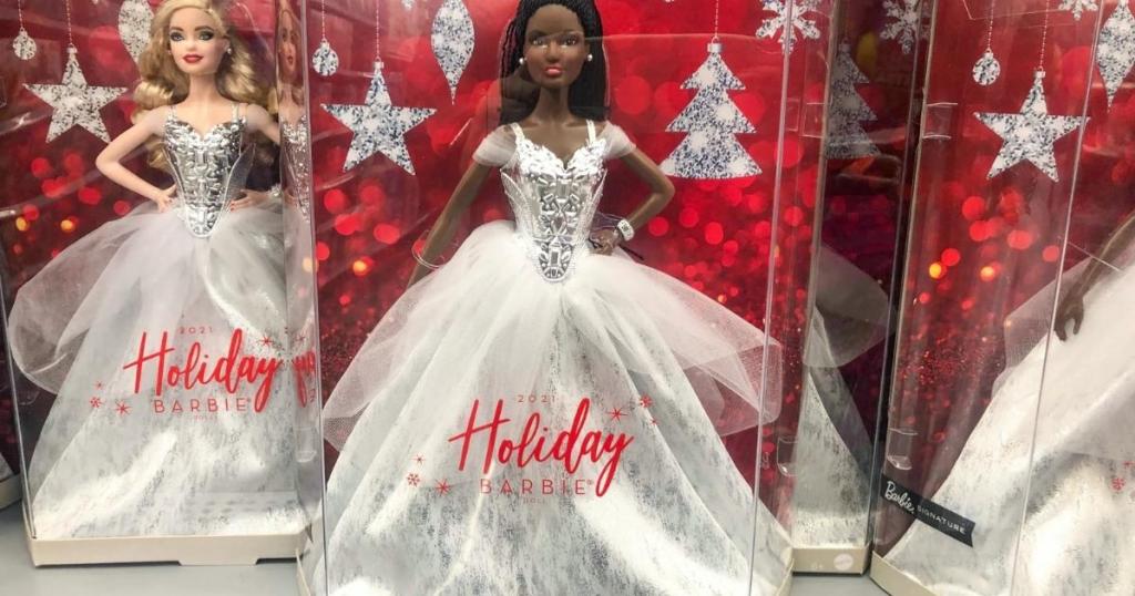 2021 holiday barbie with long braided hair on store shelf
