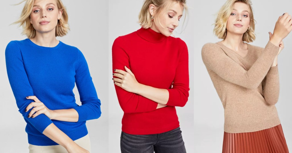 blonde woman modeling cashmere sweaters