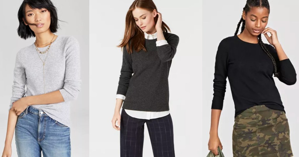 3 women side by side wearing cashmere sweaters