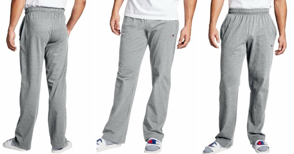 men modeling champions jersey sweat pants in gray