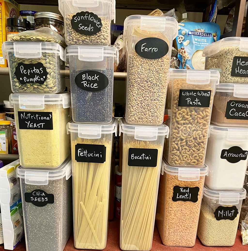 stacked and labeled food storage containers