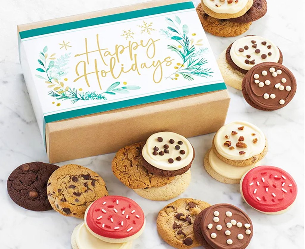 christmas cookies with happy holidays box