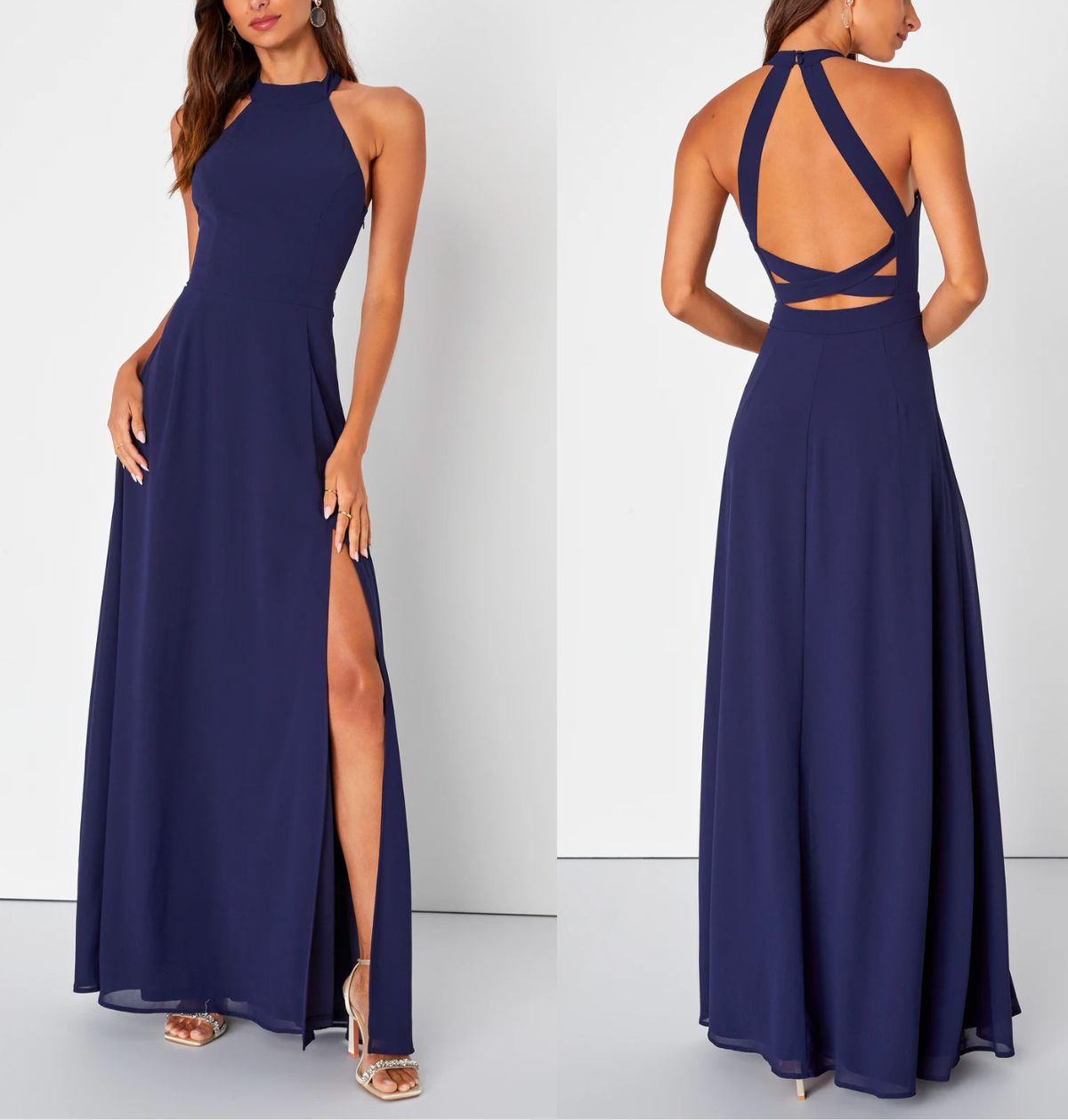 Confidently Charismatic Navy Blue Backless Halter Maxi Dress