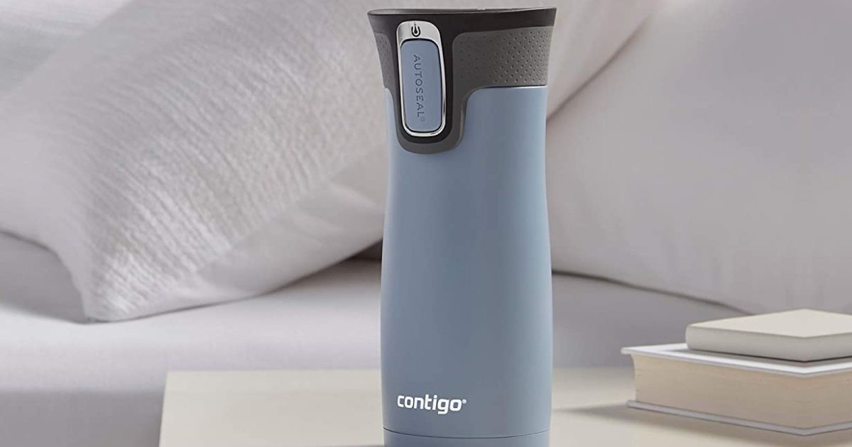 blue Contigo cup on side table