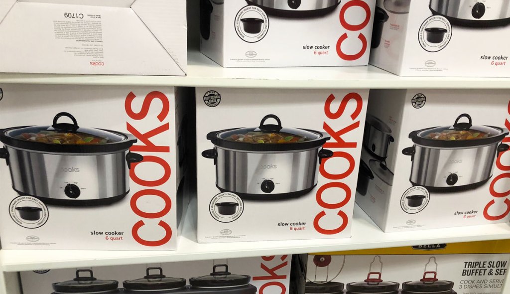 slow cookers on shelf at store
