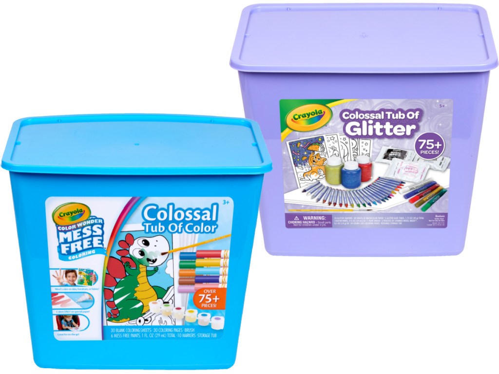 blue tub of kids art supplies and purple tub of art supplies