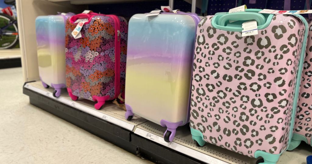 multicolor spinner carry ons on shelf 
