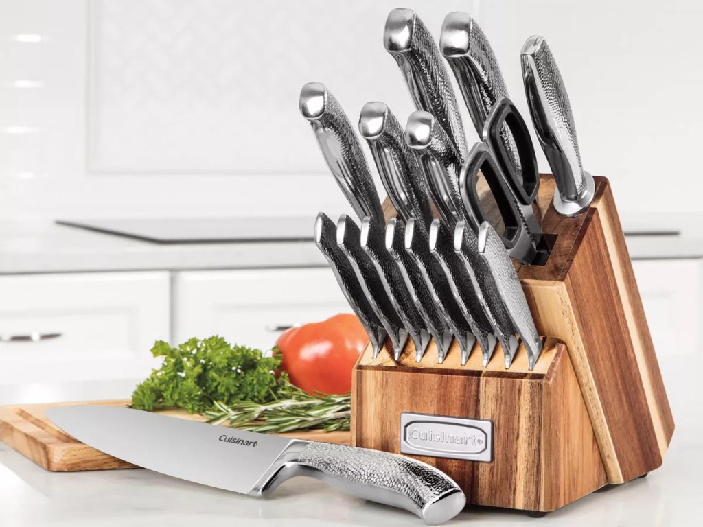 stainless steel knife wood block set on kitchen counter