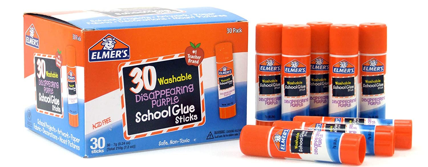 stock image of big box of Elmers purple glue sticks both in and out of package