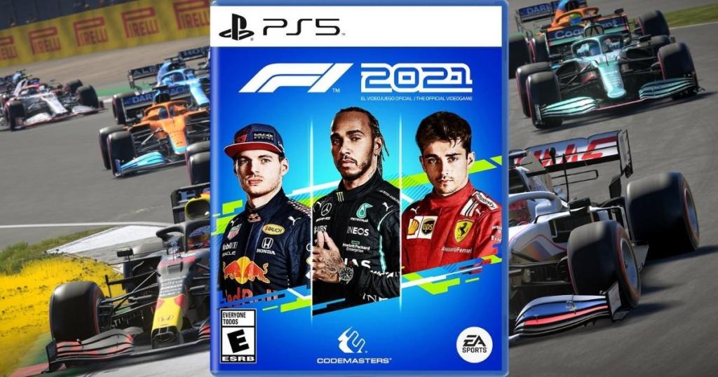 f1 2021 playstation 5 game case with game playing in background