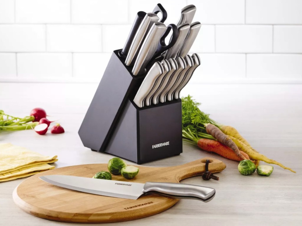 Farberware Knife Set in kitchen next to cutting board
