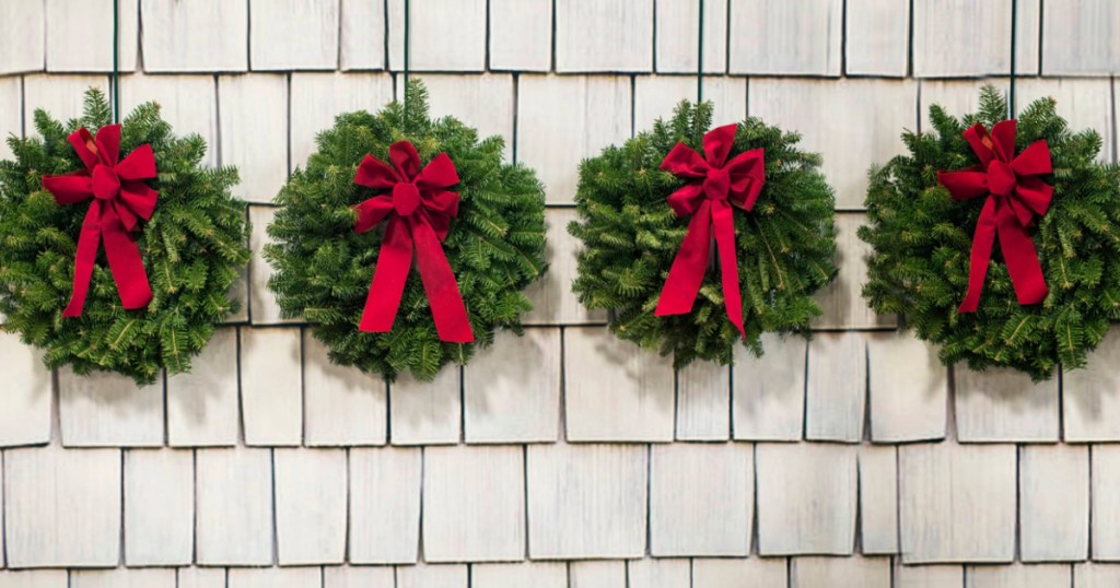 Fresh Christmas Wreaths on cedar wall
