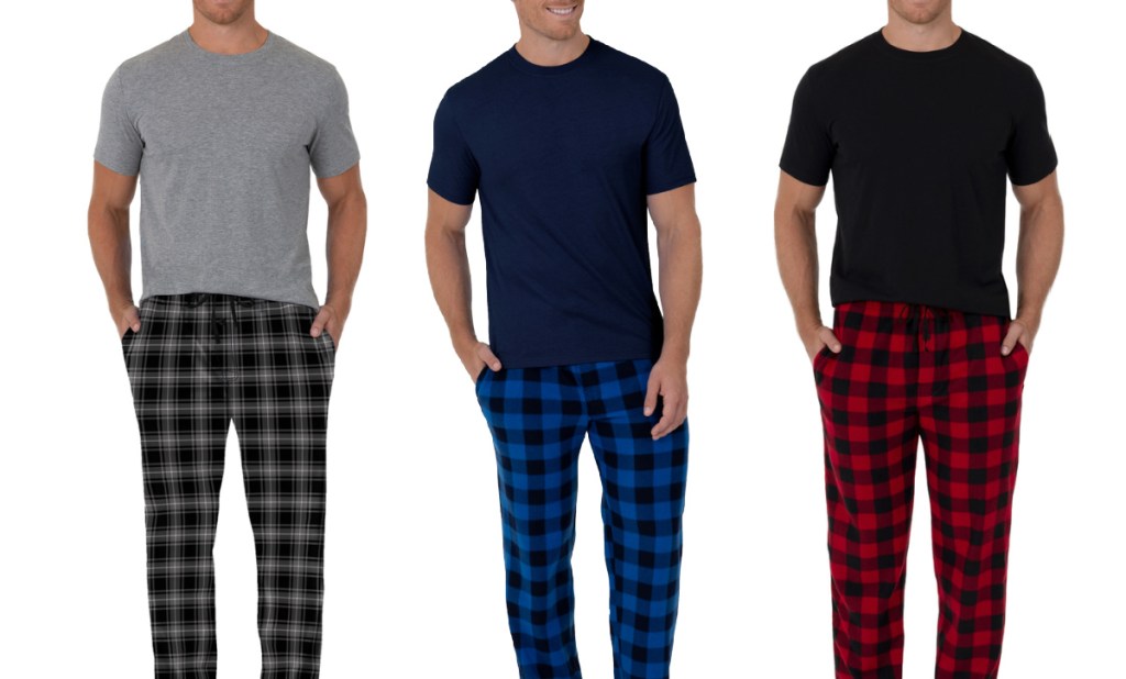 Fruit Of The Loom Men's Short Sleeve Crew Neck Top and Fleece Pajama Pant Set 3 sets