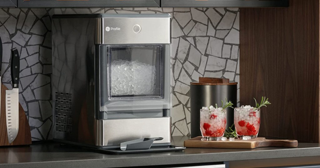 Ge Profile Nugget ice Maker on counter next to mixed drinks