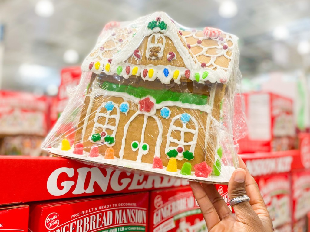 person holding pre-made gingerbread house at Costco