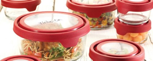 Glass storage food containers with food in them