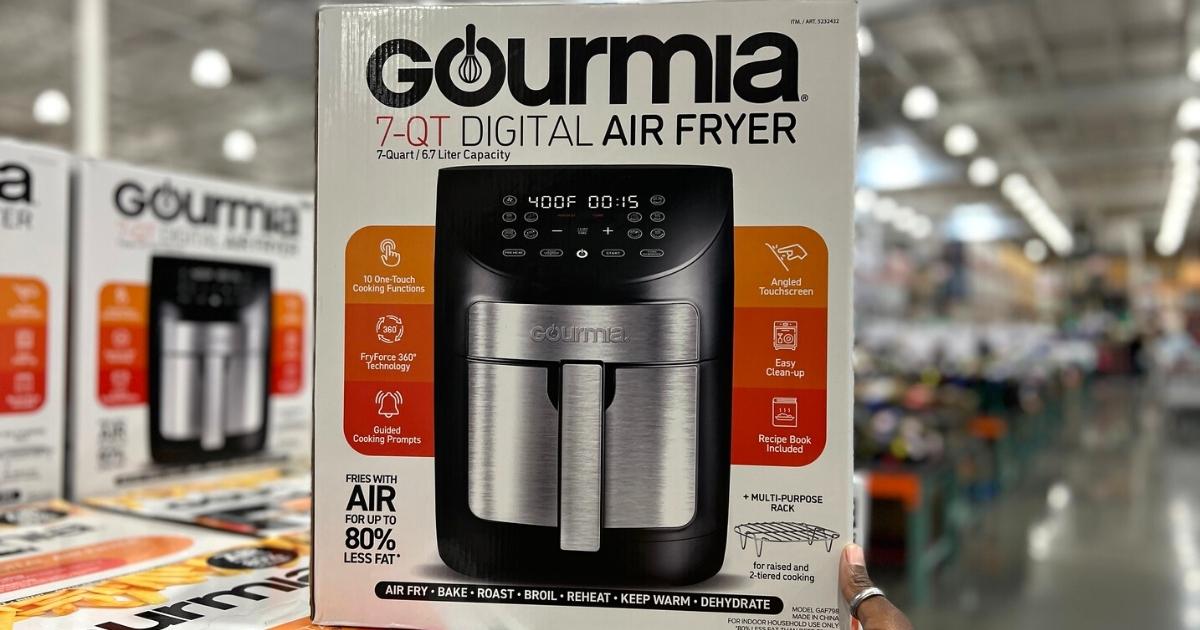 7-quart Gourmia Air Fryer in packaging sitting on a display with a store aisle in the background