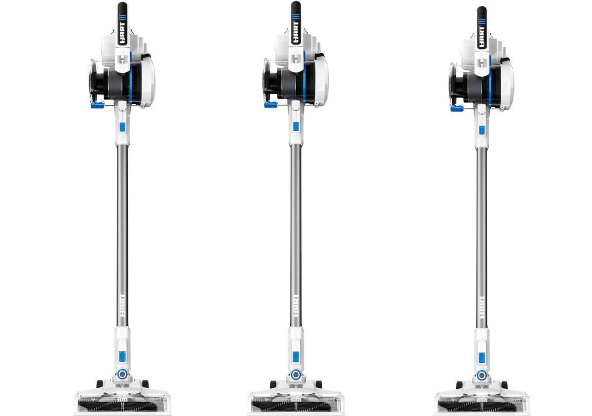 three stock images of a stick hart cordless vacuum