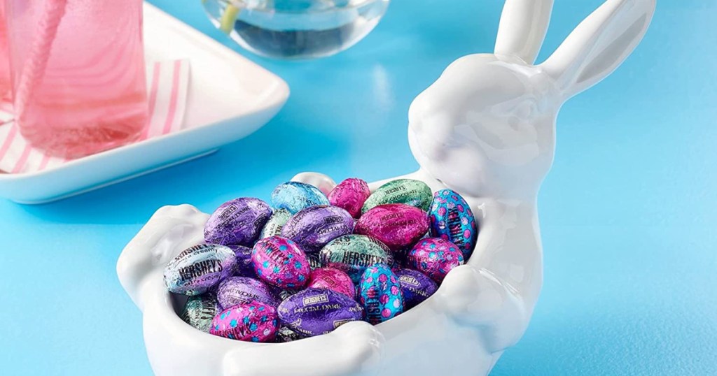 white rabbit container with chocolate eggs inside 