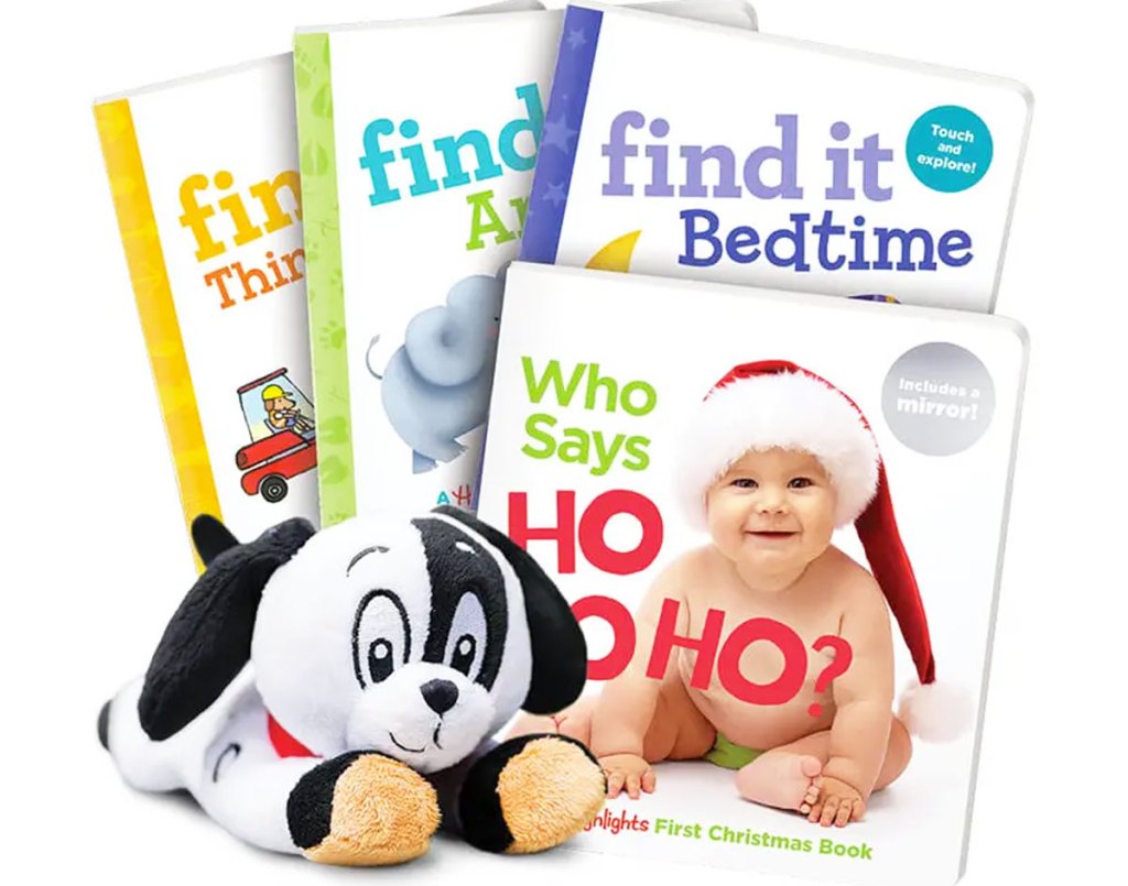four highlights board books and plush dog toy