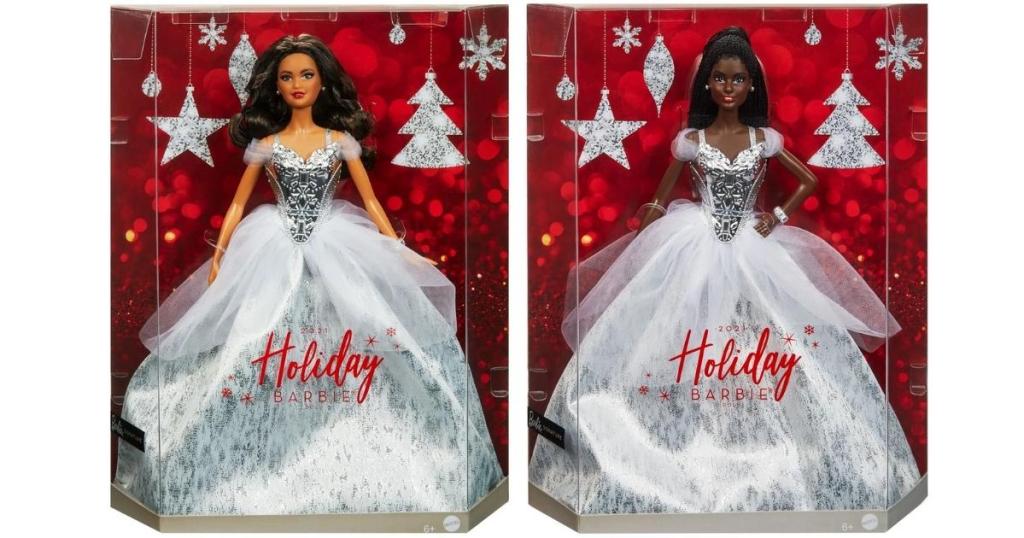 brunette and braided hair 2021 holiday barbie dolls in packaging