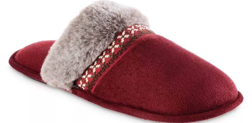 Red slipper with grey faux fur lining on the top