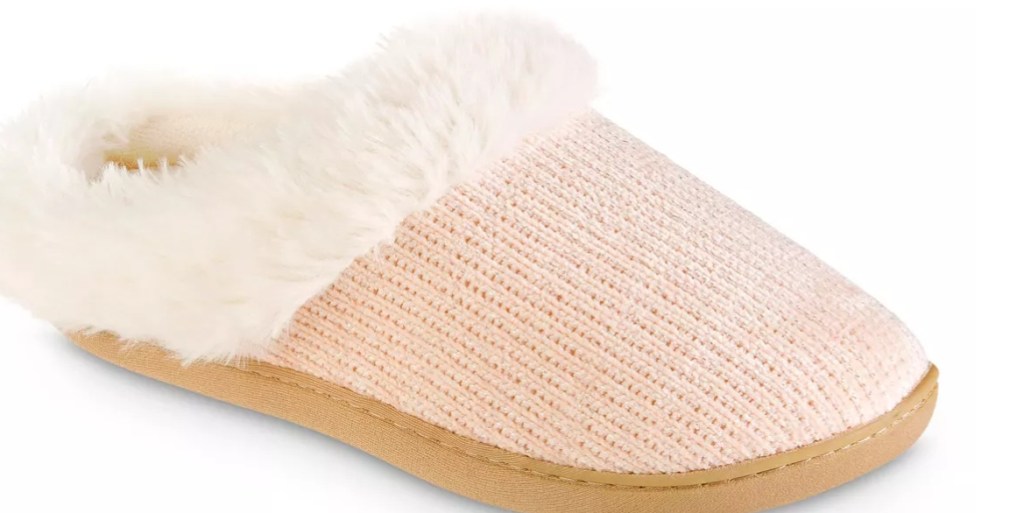 Pink slippers with white faux fur lining on the top