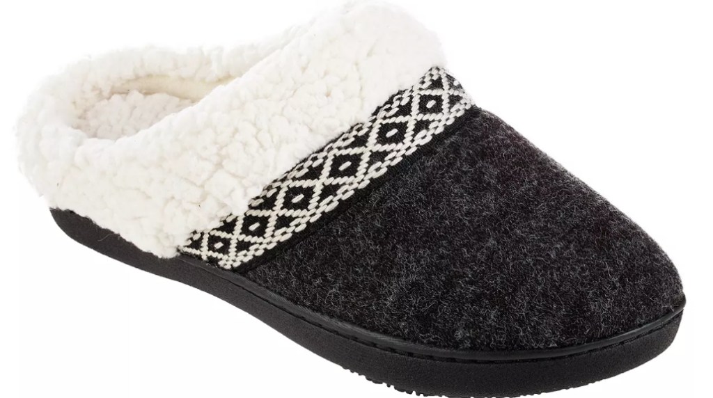 Black slipper with white sherpa lining around the opening