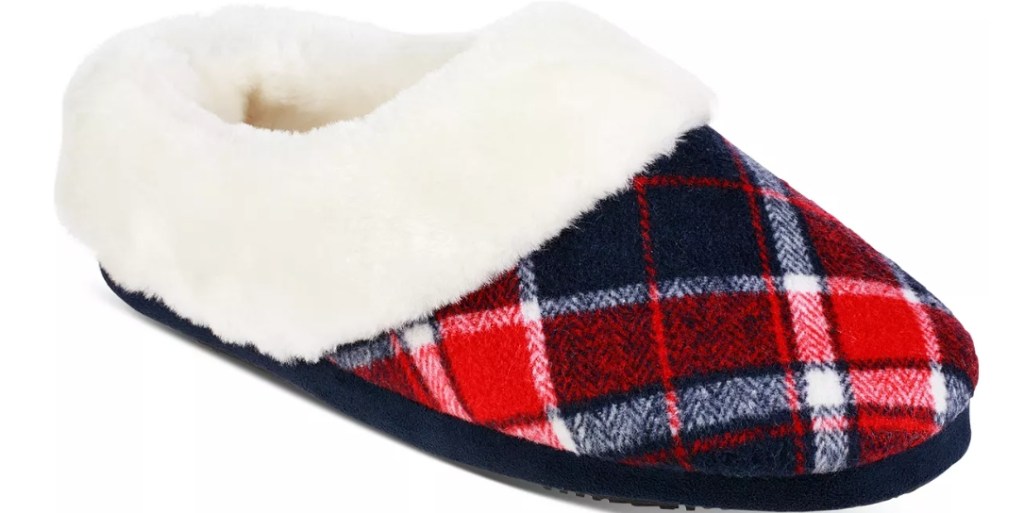 Plaid slipper with white faux fur lining along the opening