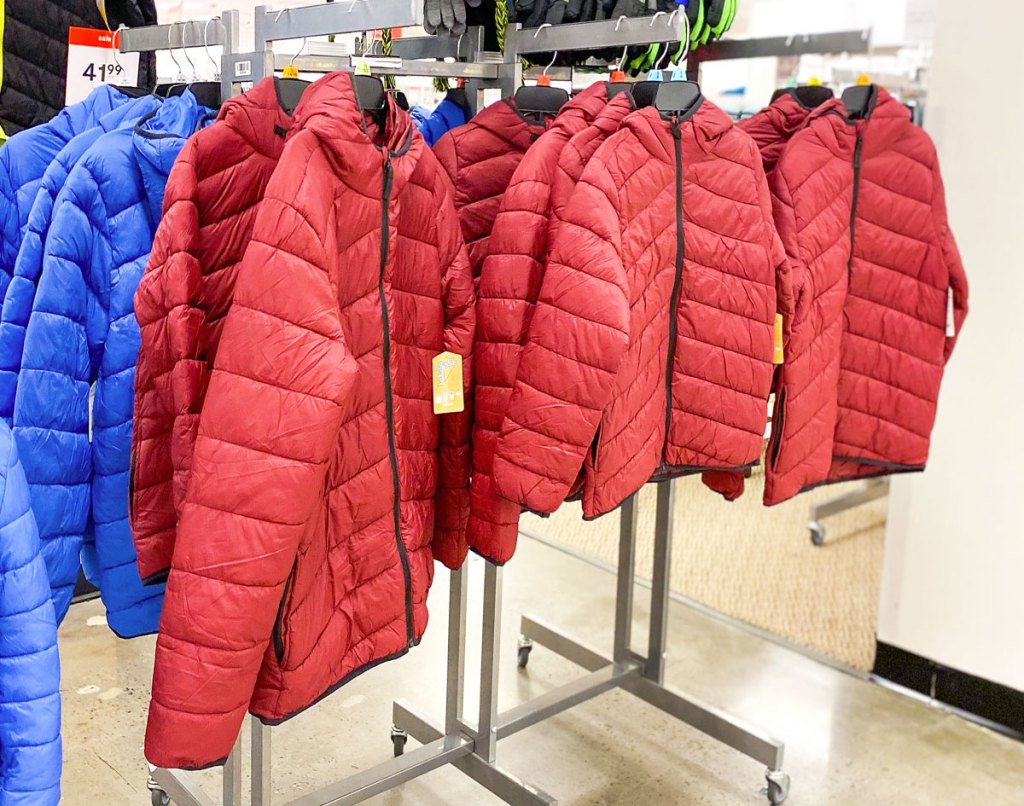 red puffer jackets on display