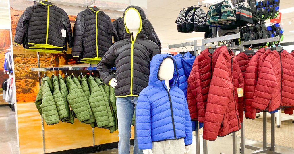 store display of kids puffer jackets
