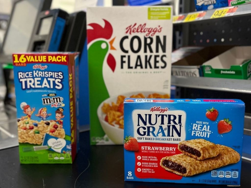 3 different Kelloggs products on register belt at Walmart