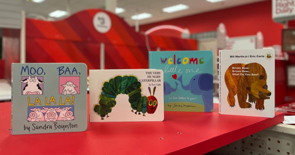 kids board books on red counter