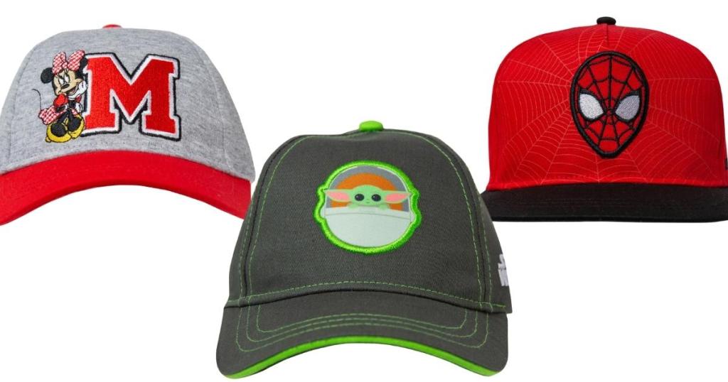 kids minnie mouse, baby yoda and spider man baseball hats