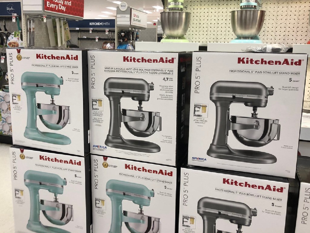 kitchenaid mixers on display in boxes