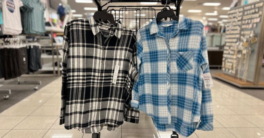 2 Sonoma Women's Flannel Shirts hanging from a shopping cart at Kohl's