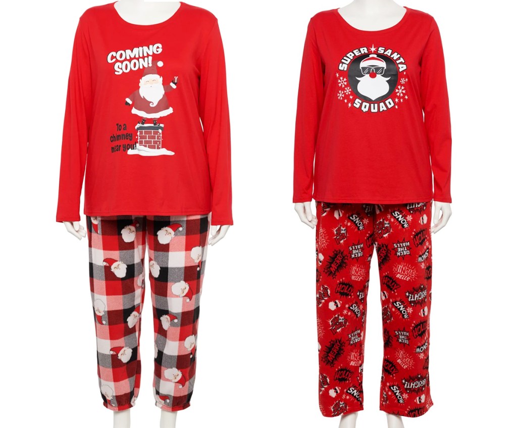 two sets of women's christmas pajamas